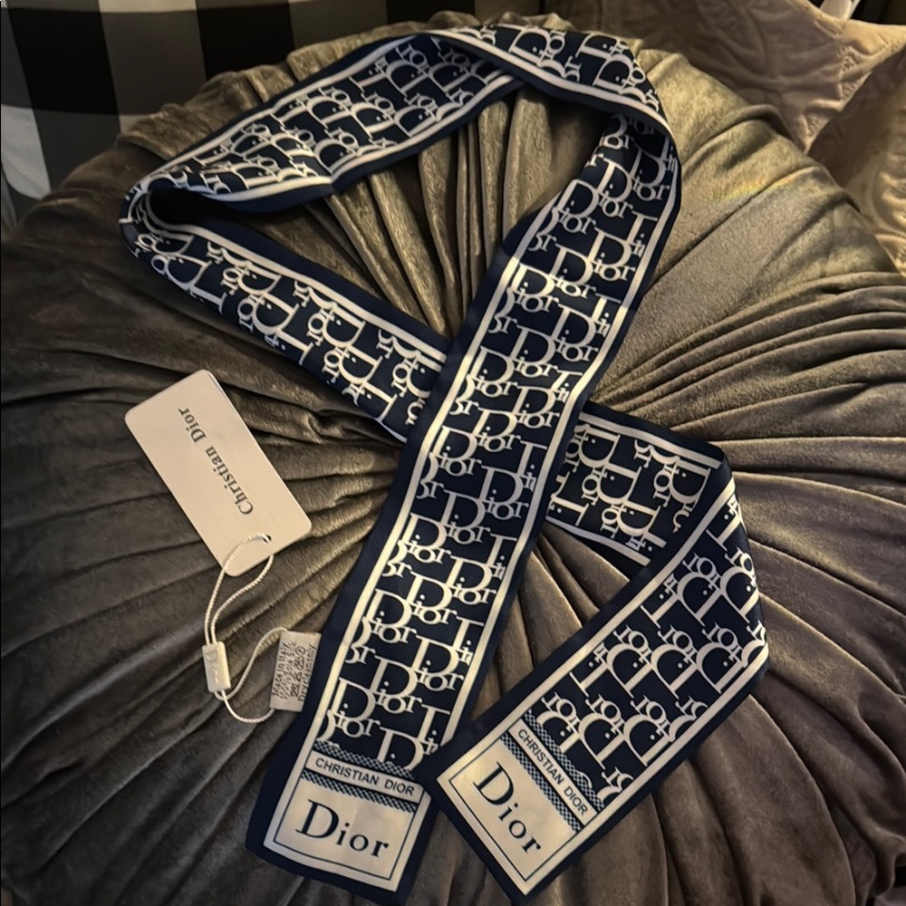 Christian Dior Navy & White Logo Silk Scarf Tie